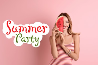 Image of Summer party. Pretty young woman with juicy watermelon on pink background