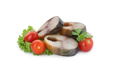 Photo of Slices of tasty smoked mackerel with tomatoes and lettuce on white background
