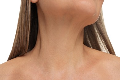 Mature woman showing her neck on white background, closeup