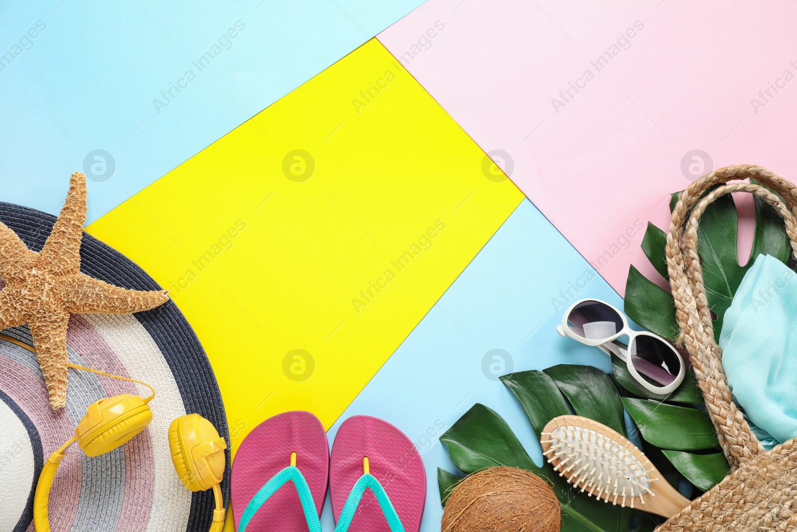 Photo of Composition with beach accessories and space for text on color background, flat lay