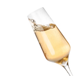 Glass of champagne on white background. Festive drink