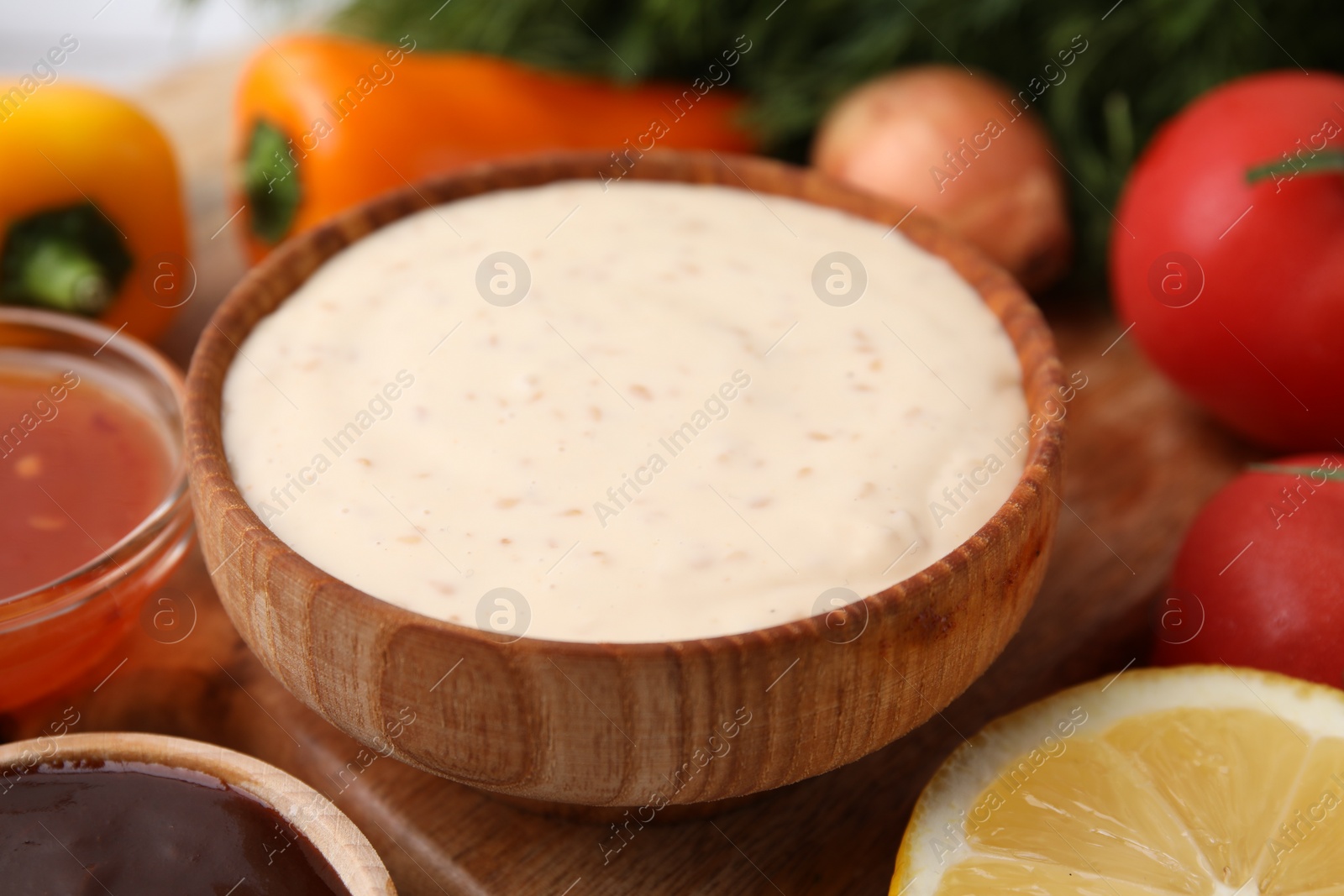 Photo of Tasty fresh marinades on table, closeup view