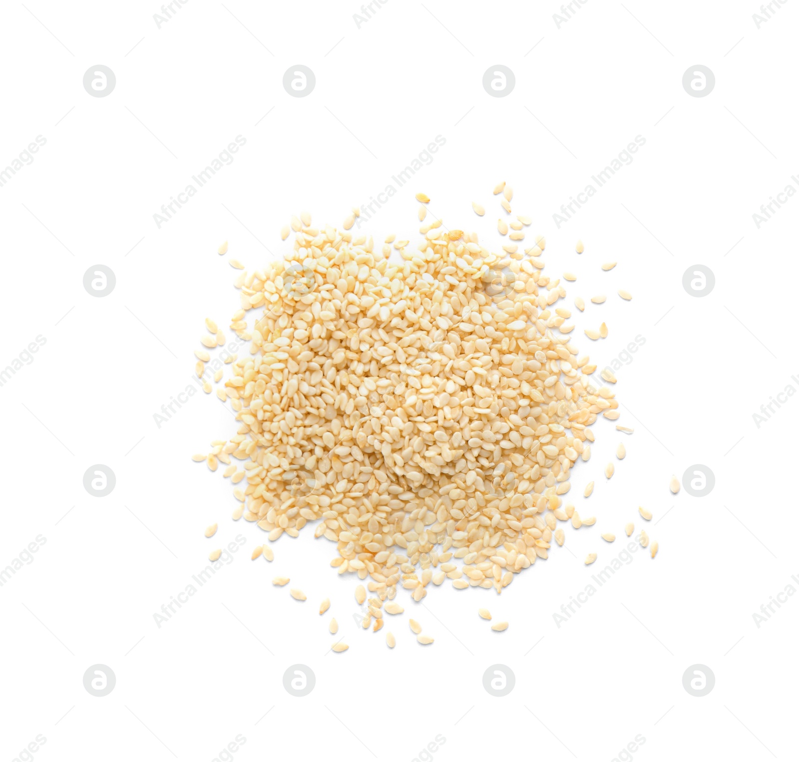 Photo of Pile of sesame seeds on white background, top view