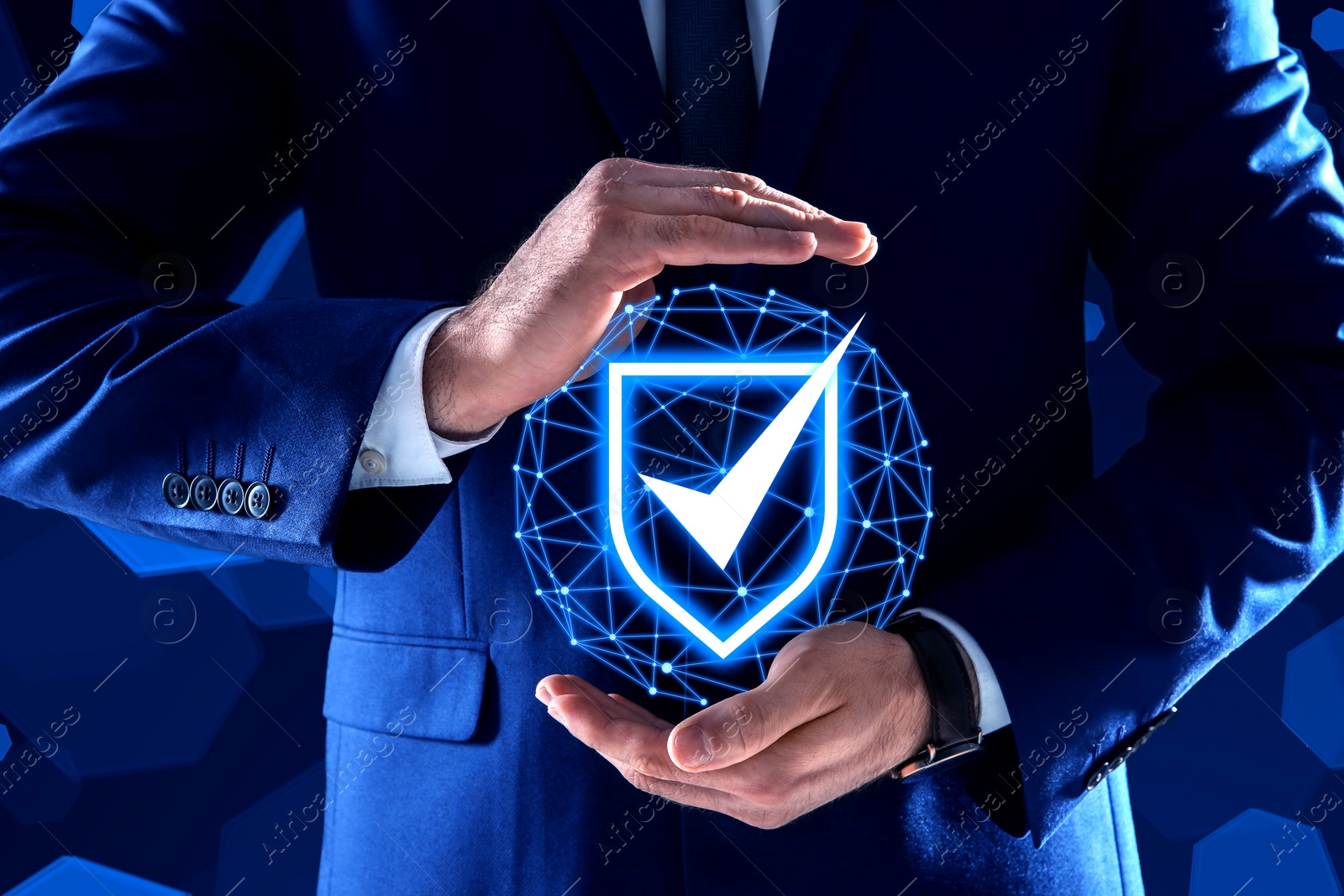 Image of Anti-fraud security system. Man with illustration of checkmark in shield on dark blue background, closeup