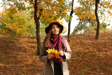 Photo of Young beautiful woman with hat and leaves in park. Autumn walk