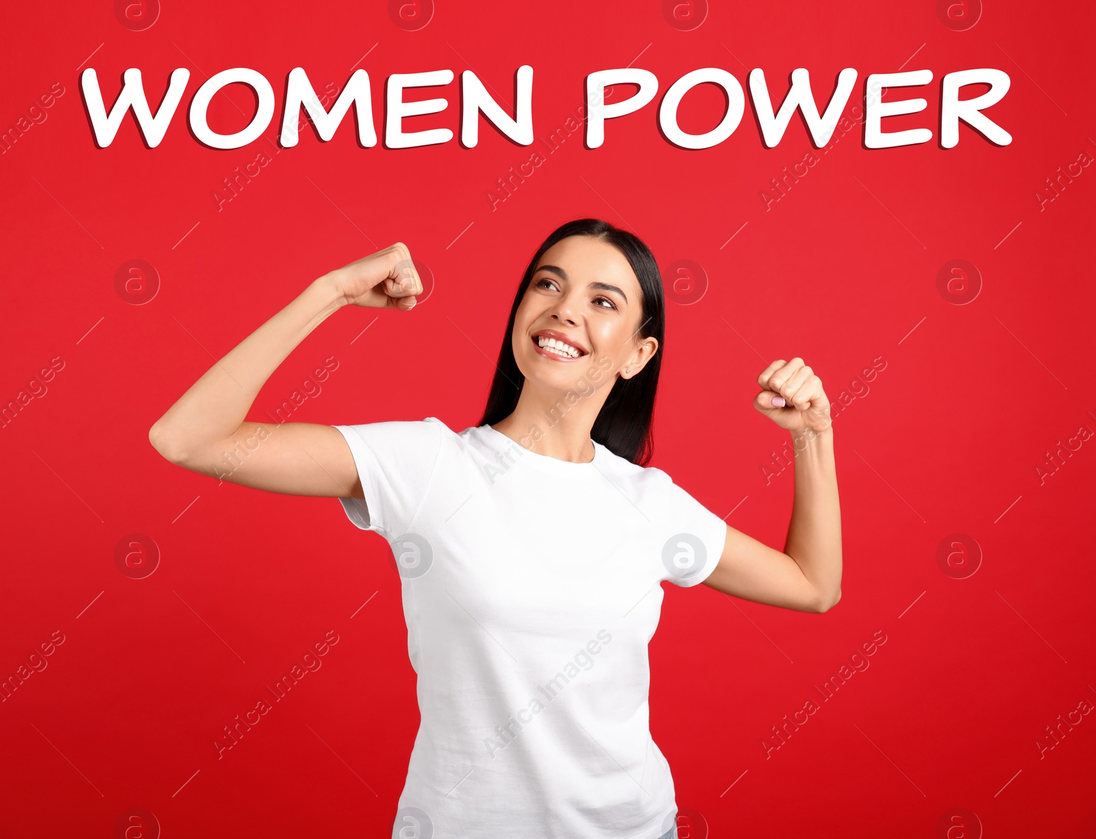 Image of 8 March greeting card. Phrase Women Power and strong young girl on red background