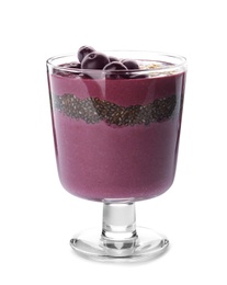 Photo of Glass with tasty acai smoothie on white background