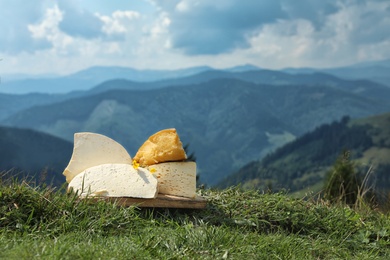 Photo of Wooden board with different kinds of delicious cheese on grass in mountains. Space for text