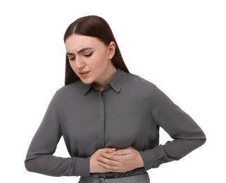 Photo of Woman suffering from stomach pain on white background