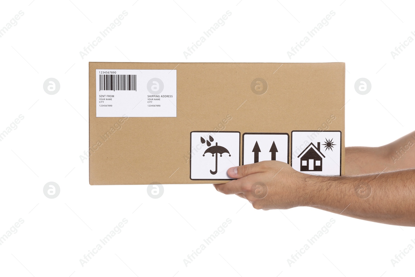 Photo of Courier holding cardboard box on white background, closeup