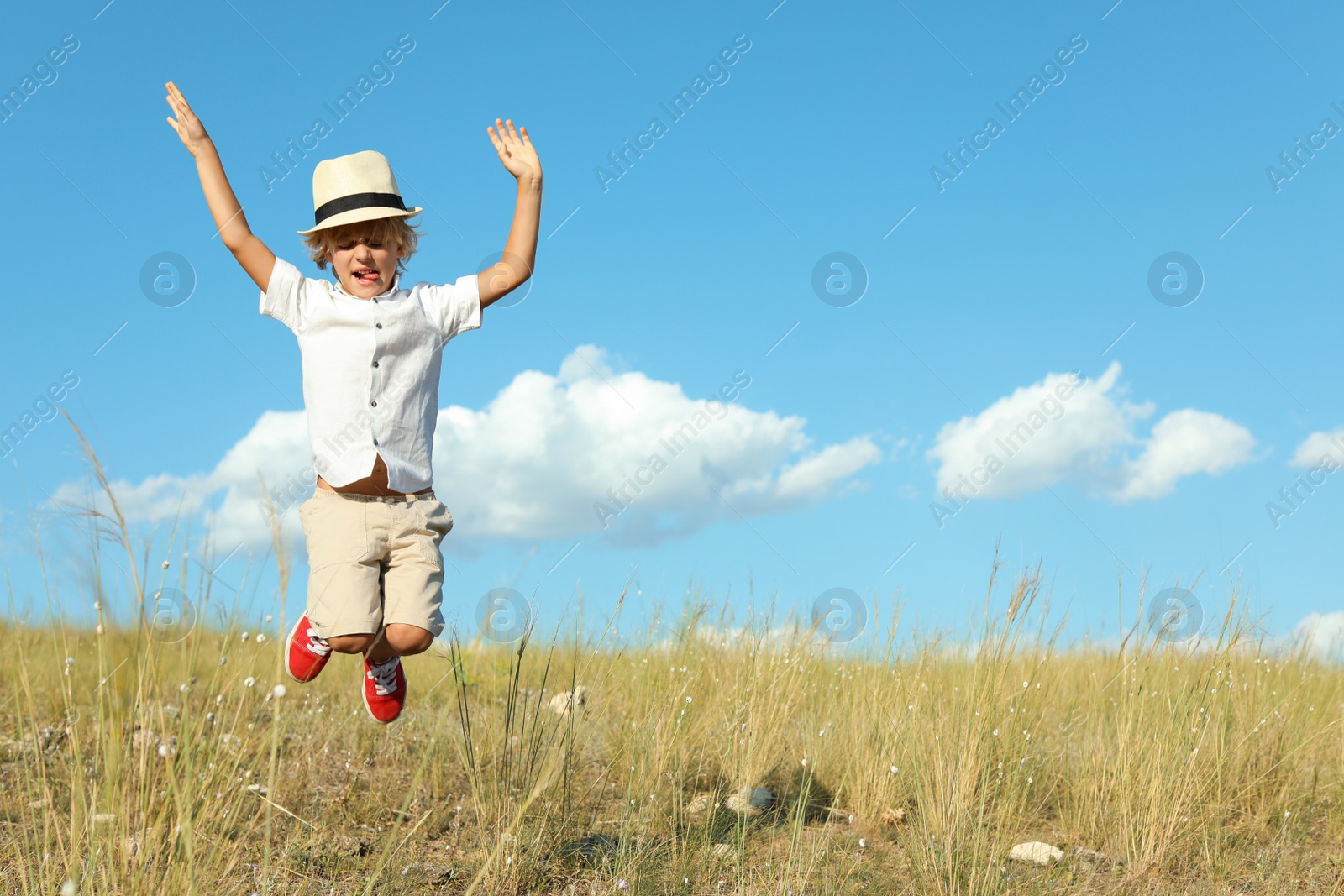 Photo of Cute little boy having fun outdoors, space for text. Child spending time in nature