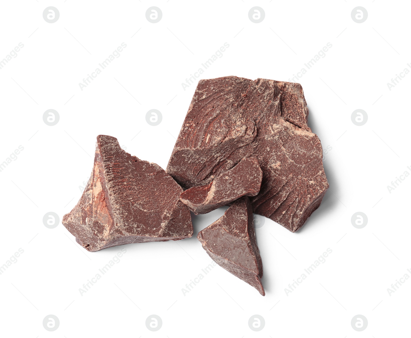 Photo of Delicious chocolate chunks on white background