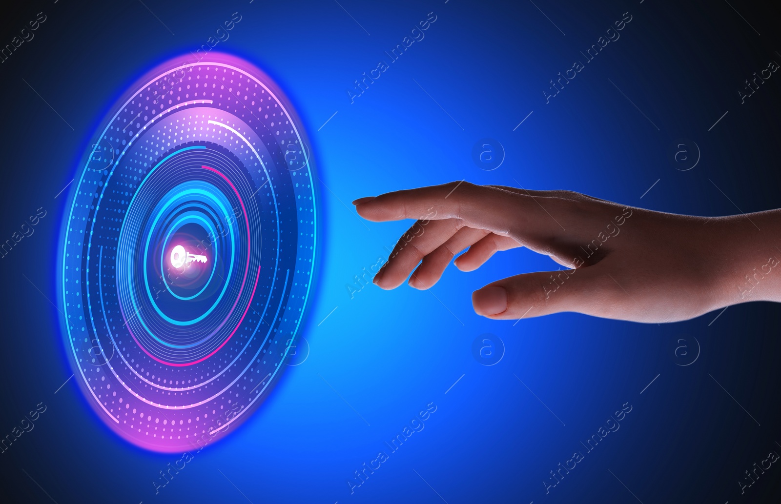 Image of Concept of keywords research and modern technology. Woman pointing at key icon on blue background, closeup
