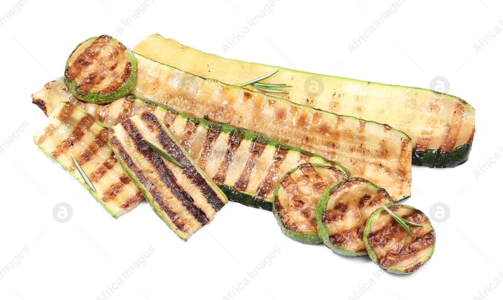 Photo of Delicious grilled zucchini and rosemary isolated on white