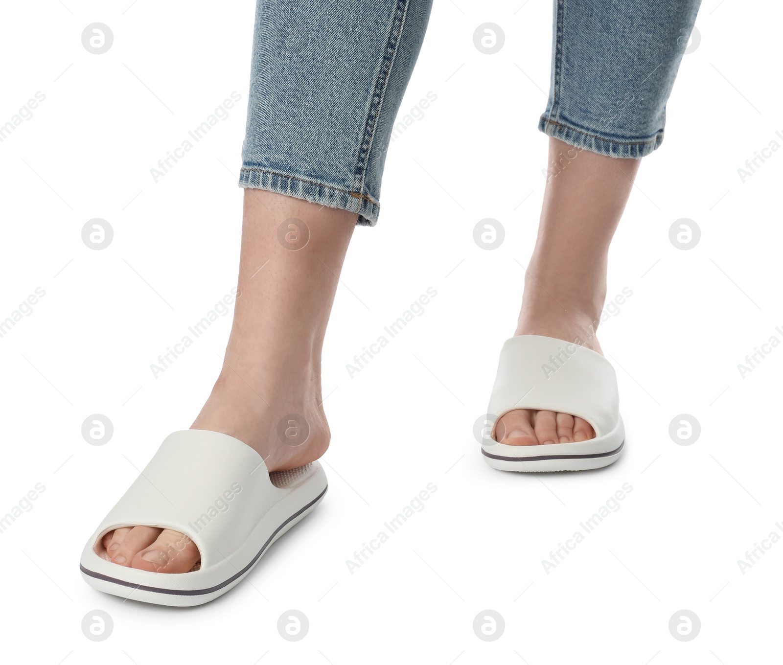 Photo of Woman in slippers on white background, closeup