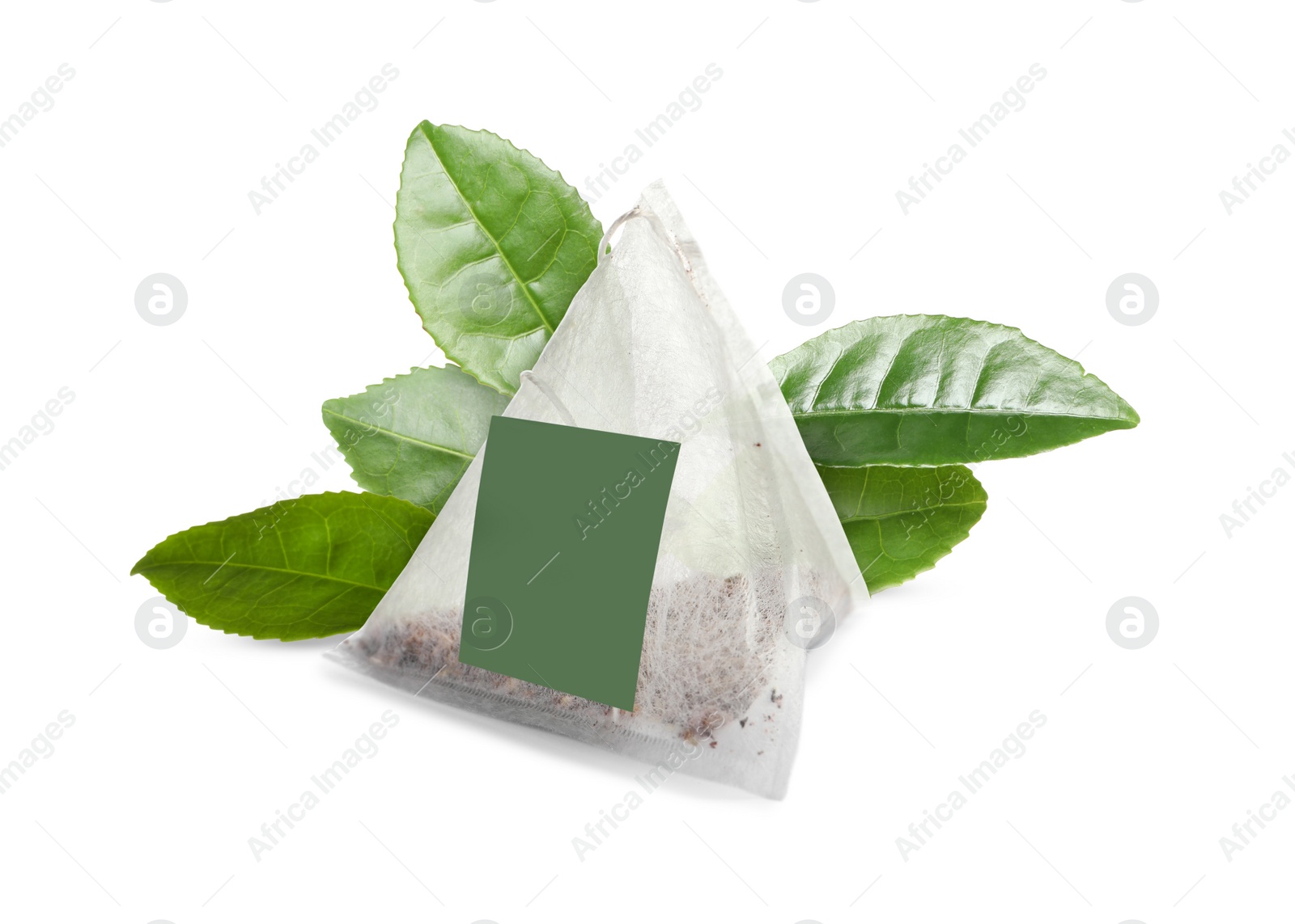 Image of Tea bag with leaves on white background