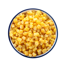 Delicious canned corn in bowl isolated on white, top view