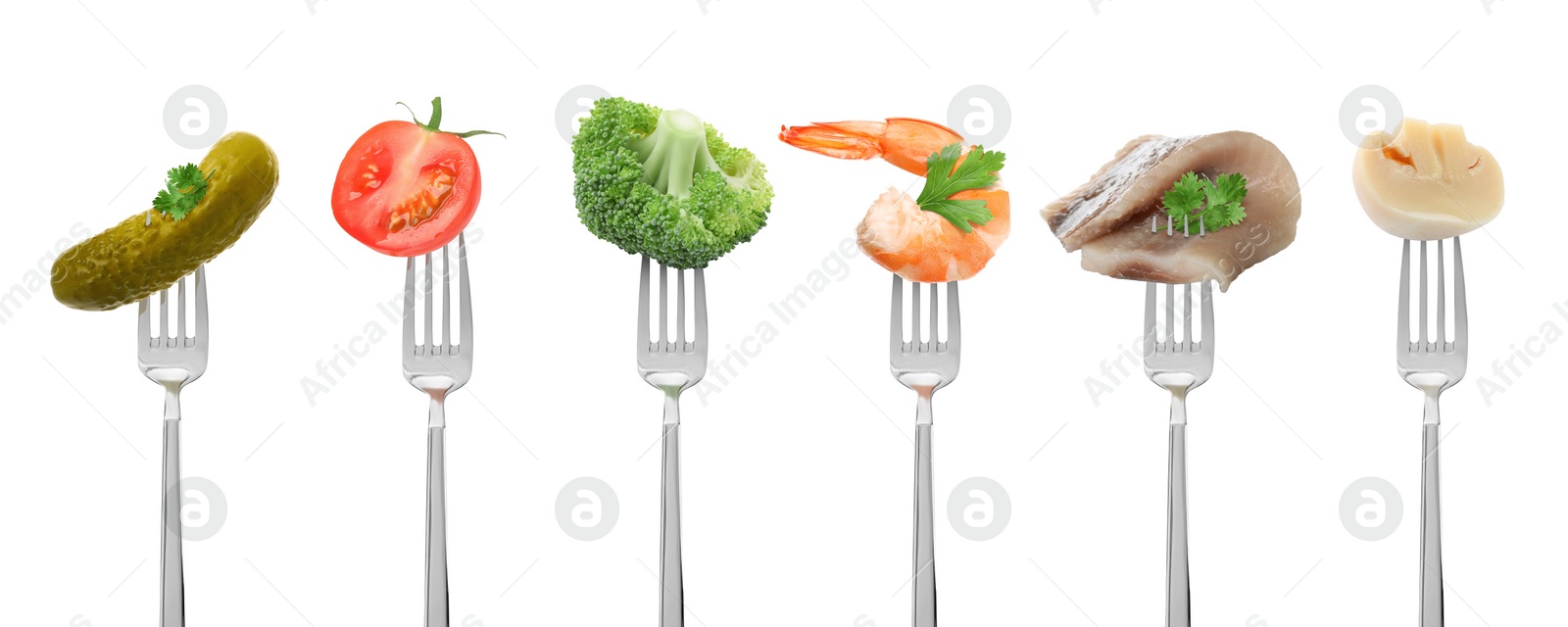 Image of Forks with different products isolated on white, collection