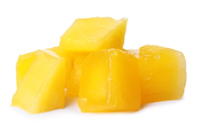 Photo of Fresh juicy mango cubes on white background