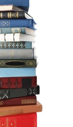 Stack of hardcover books on white background