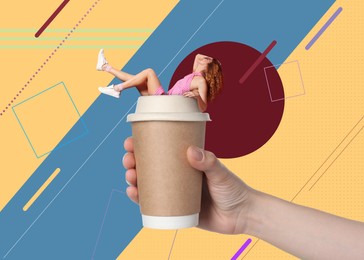 Image of Coffee to go, stylish artwork. Woman holding takeaway paper cup with happy girl on color background, closeup