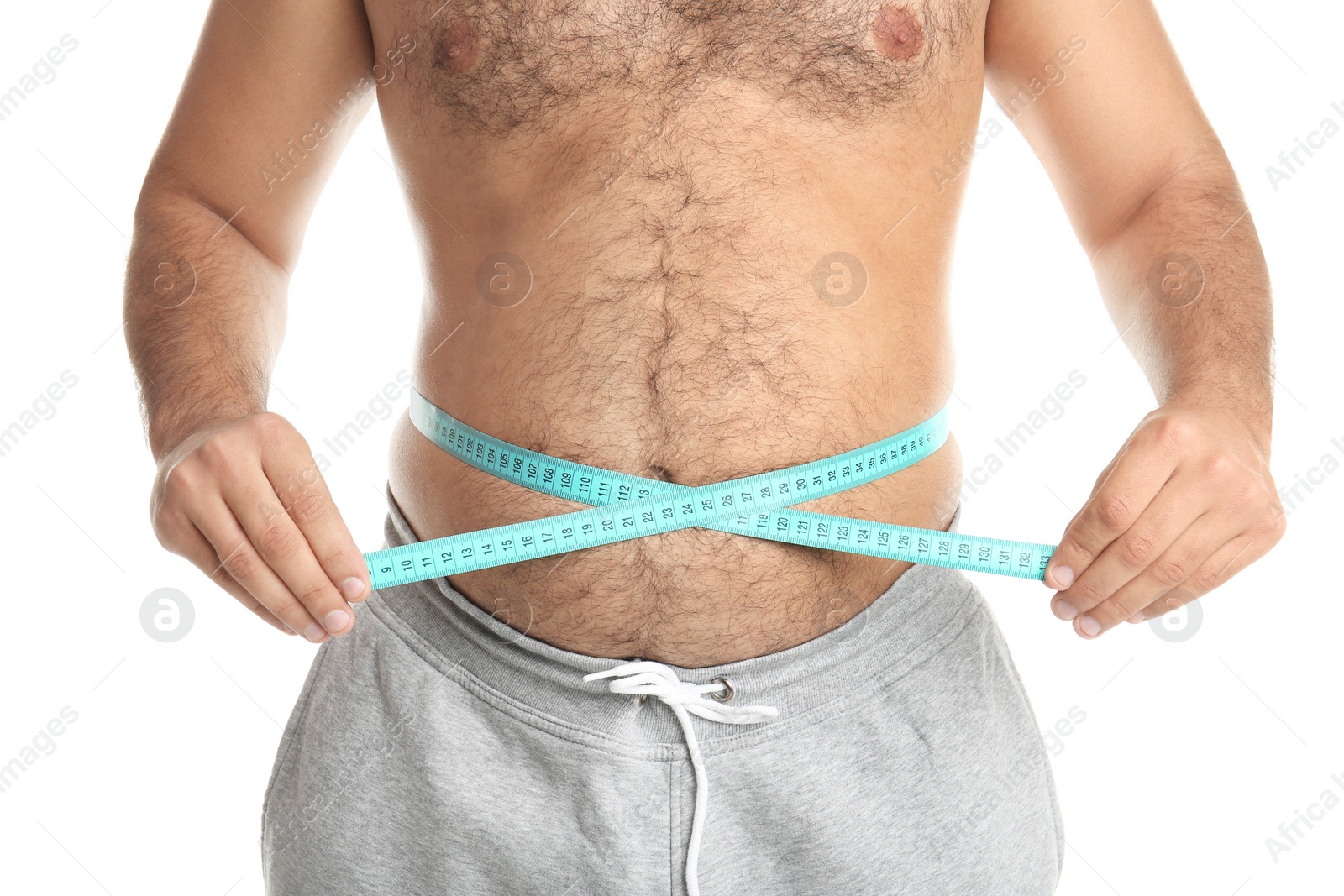 Photo of Overweight man with measuring tape on white background, closeup