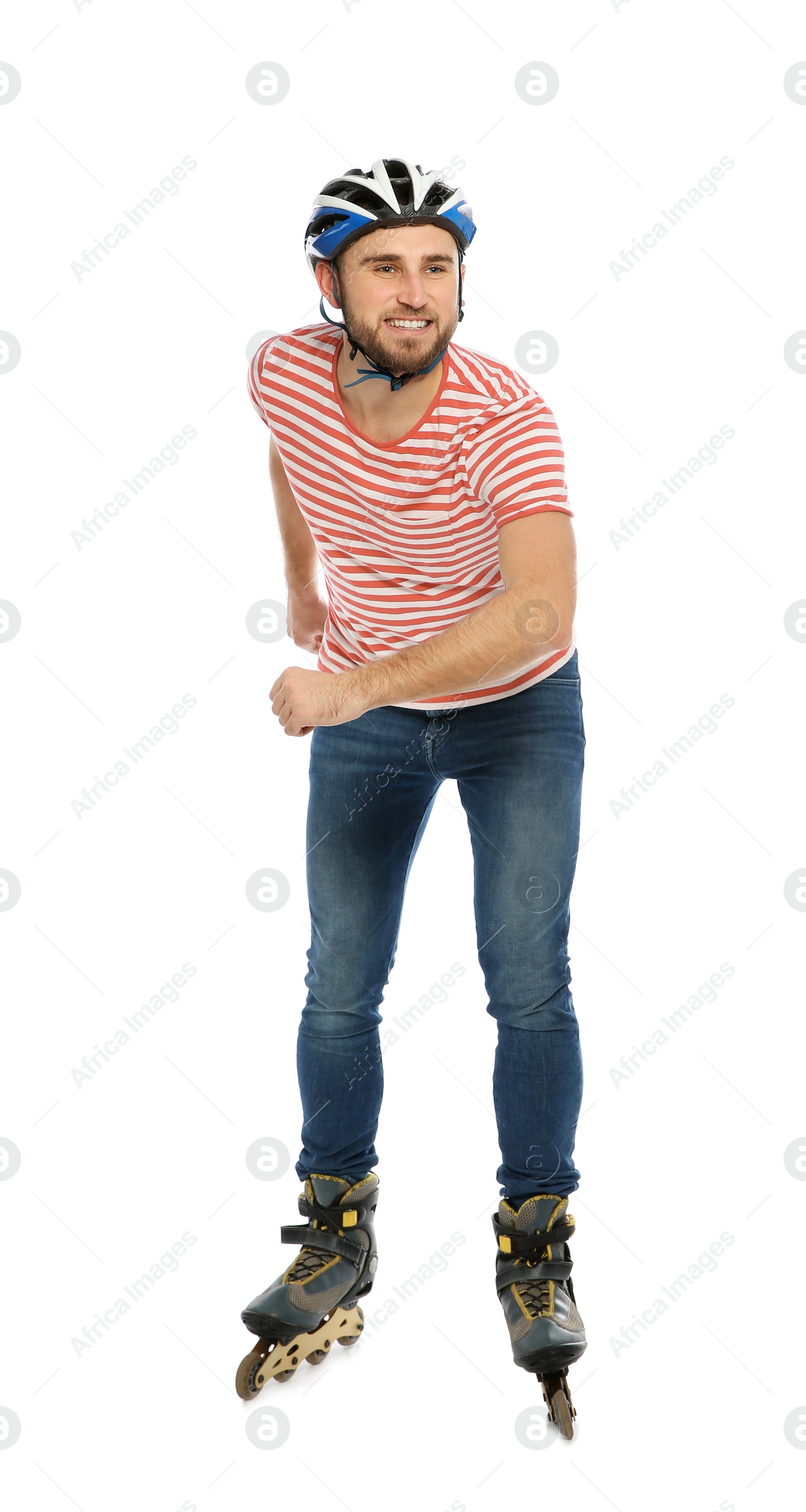 Photo of Young man with inline roller skates on white background