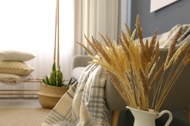 Photo of Vase of dry plants in living room. Interior design