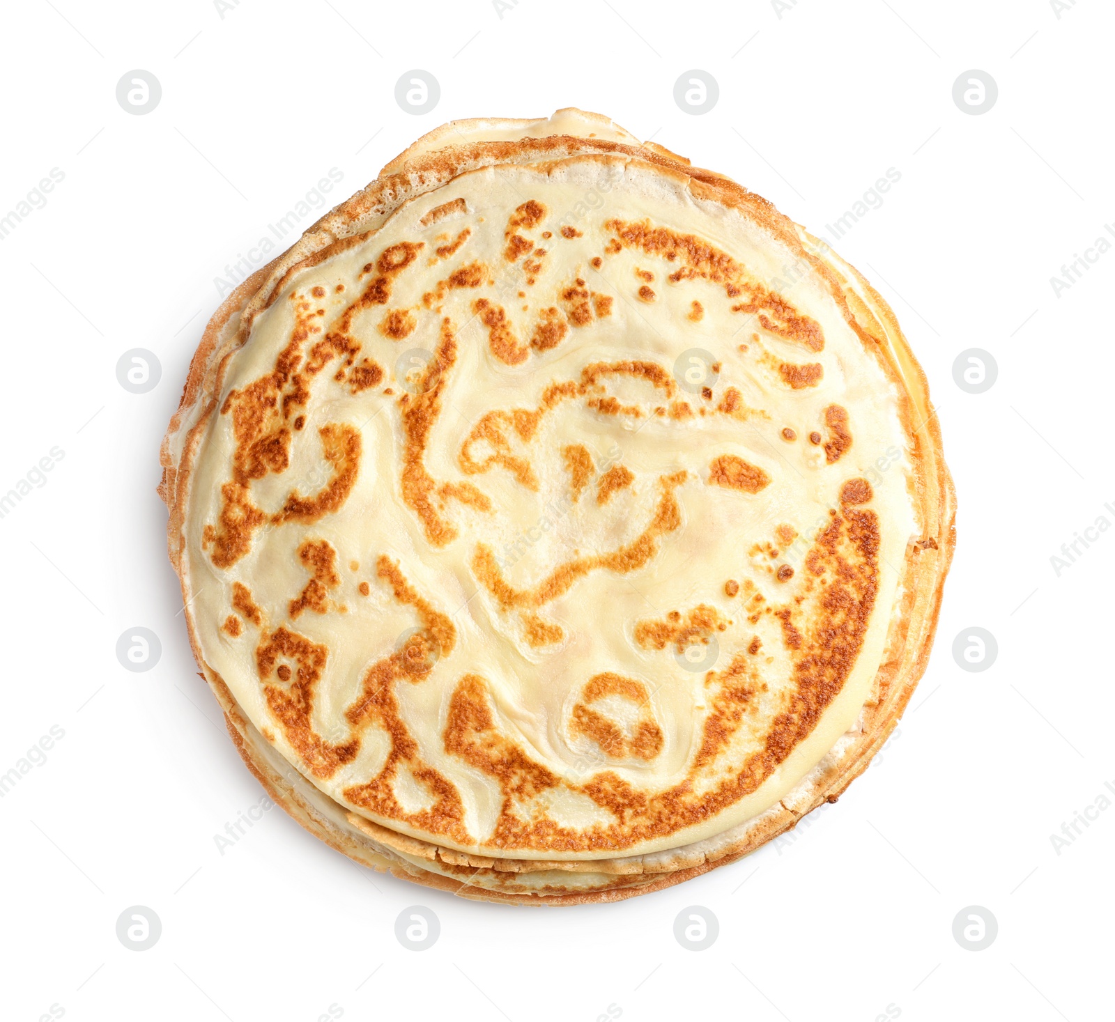 Photo of Stack of thin pancake on white background, top view