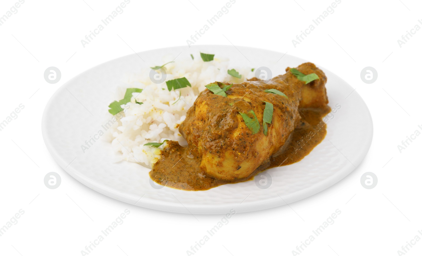 Photo of Delicious rice and chicken with curry sauce isolated on white