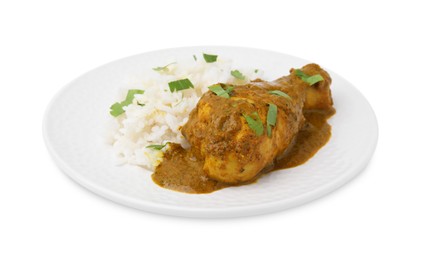 Delicious rice and chicken with curry sauce isolated on white