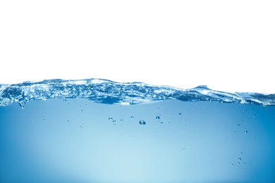 Photo of Splashclear blue water on white background