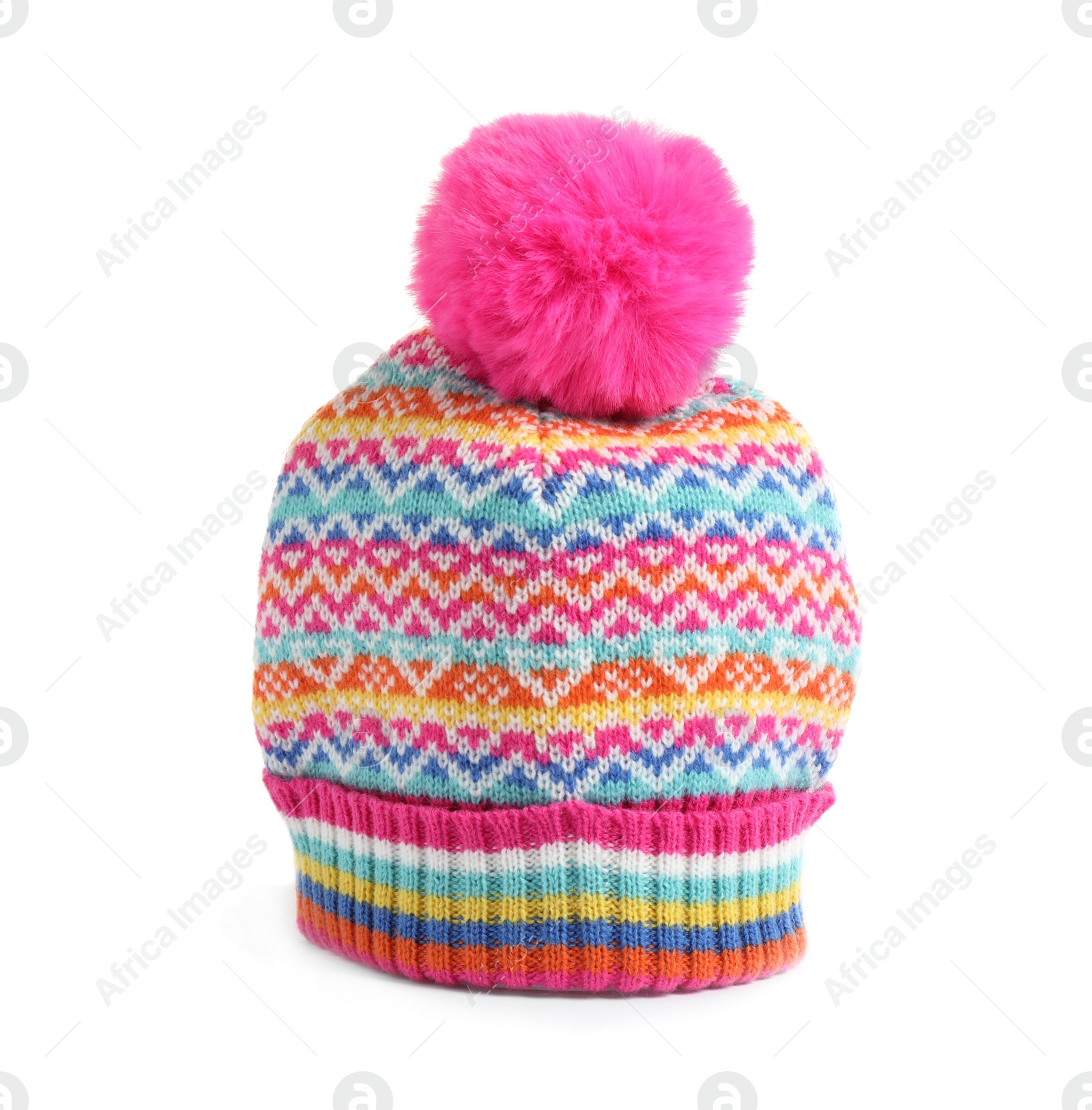 Photo of Warm knitted hat with pink pompom on white background