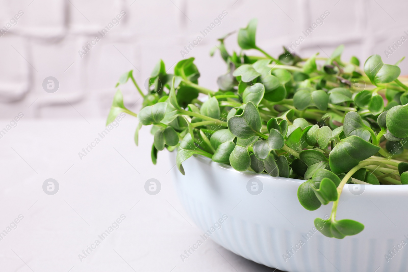 Photo of Fresh organic microgreen on white table, closeup