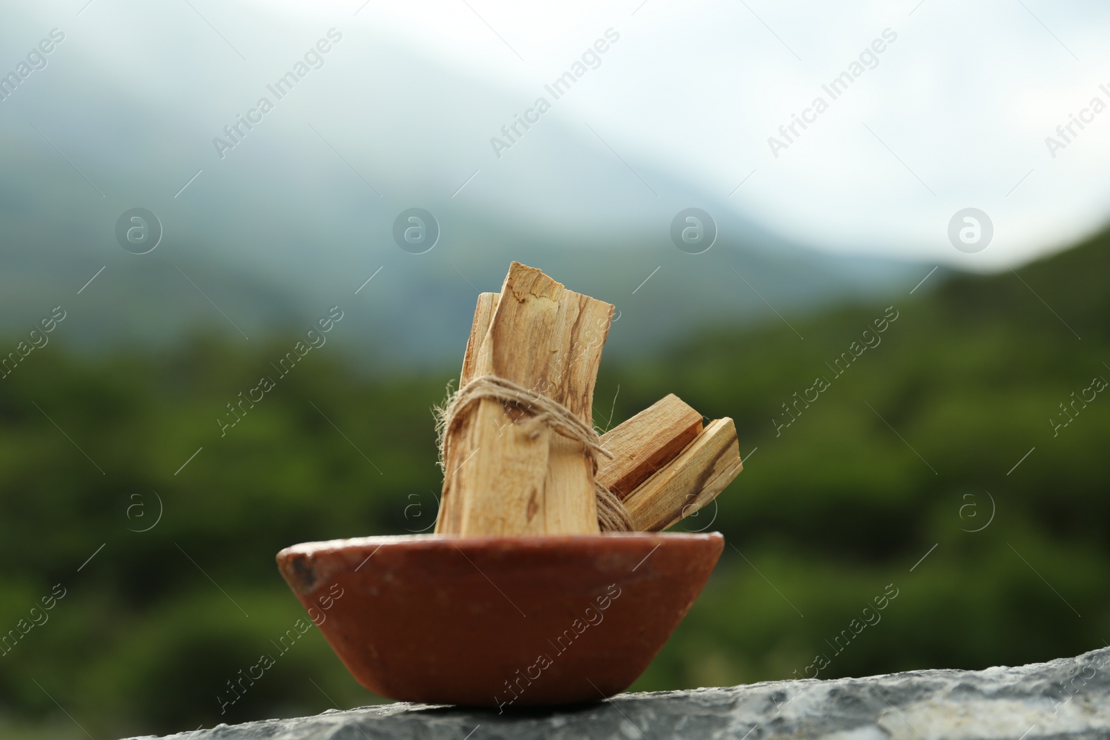 Photo of Many palo santo sticks on stone surface in high mountains, closeup