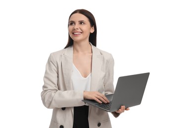 Photo of Beautiful businesswoman in suit using laptop on white background