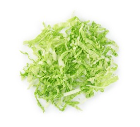 Photo of Pile of shredded fresh Chinese cabbage isolated on white, top view
