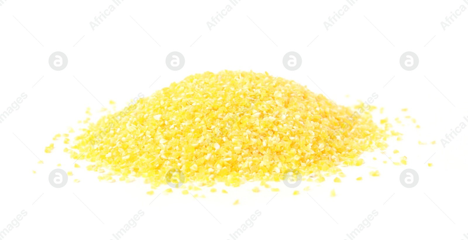 Photo of Pile of raw cornmeal isolated on white