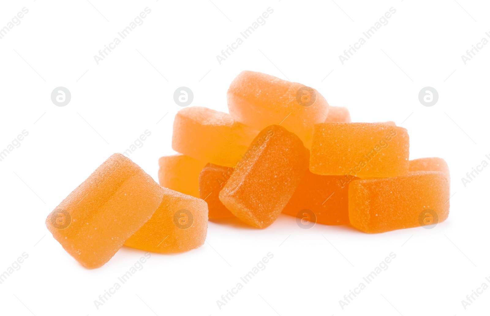 Photo of Tasty orange jelly candies on white background
