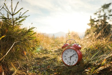 Photo of Red alarm clock on grass outdoors in morning, space for text