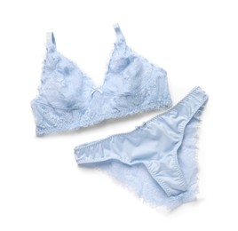 Photo of Elegant light blue women's underwear on white background, top view