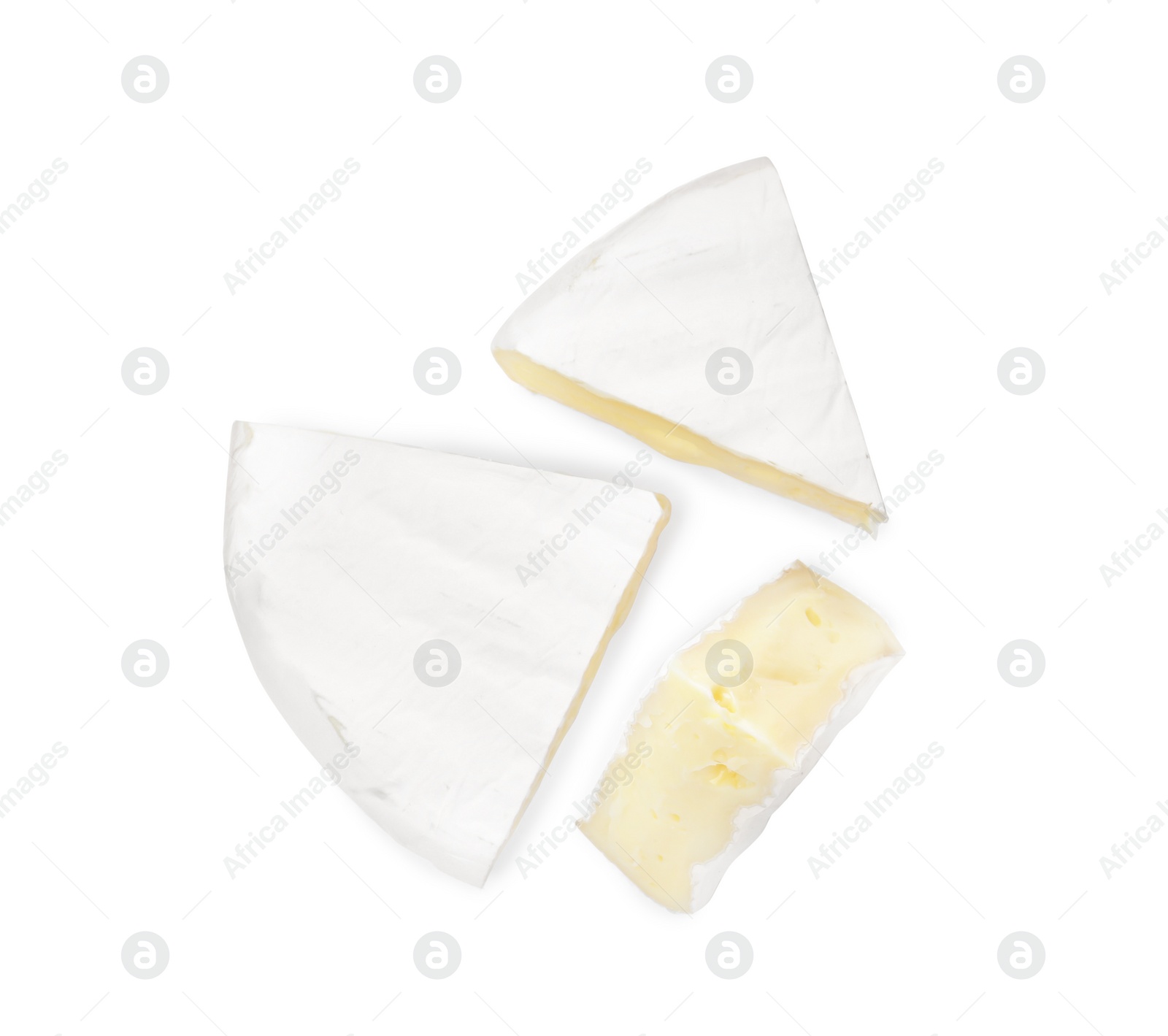 Photo of Tasty cut brie cheese on white background, top view