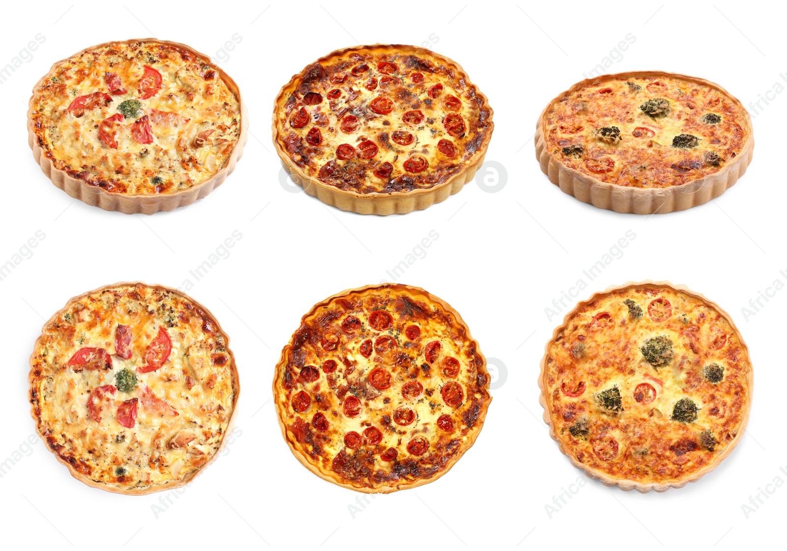 Image of Different tasty quiches isolated on white, collage with side and top views