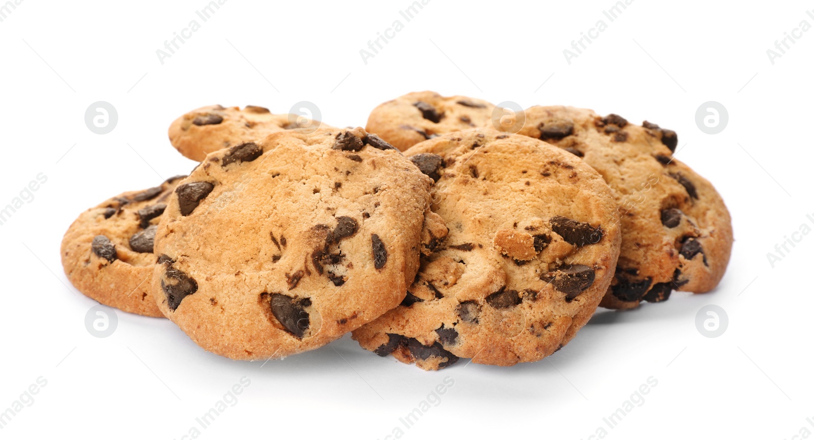 Photo of Tasty cookies with chocolate chips on white background