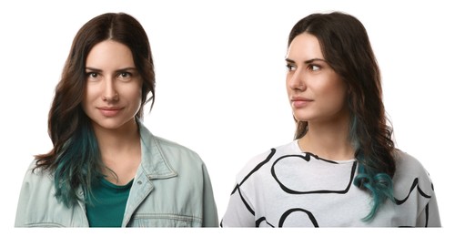 Image of Portrait of twin sisters on white background