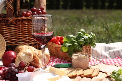 Blanket with picnic basket and different products on green grass