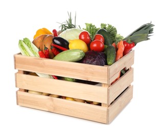 Fresh ripe vegetables and fruit in wooden crate on white background