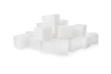 Photo of Pure refined sugar cubes isolated on white
