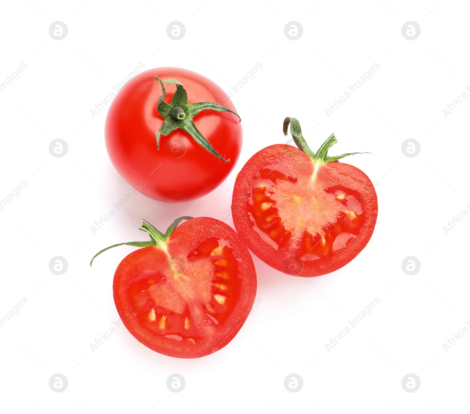 Photo of Cut fresh cherry tomatoes isolated on white