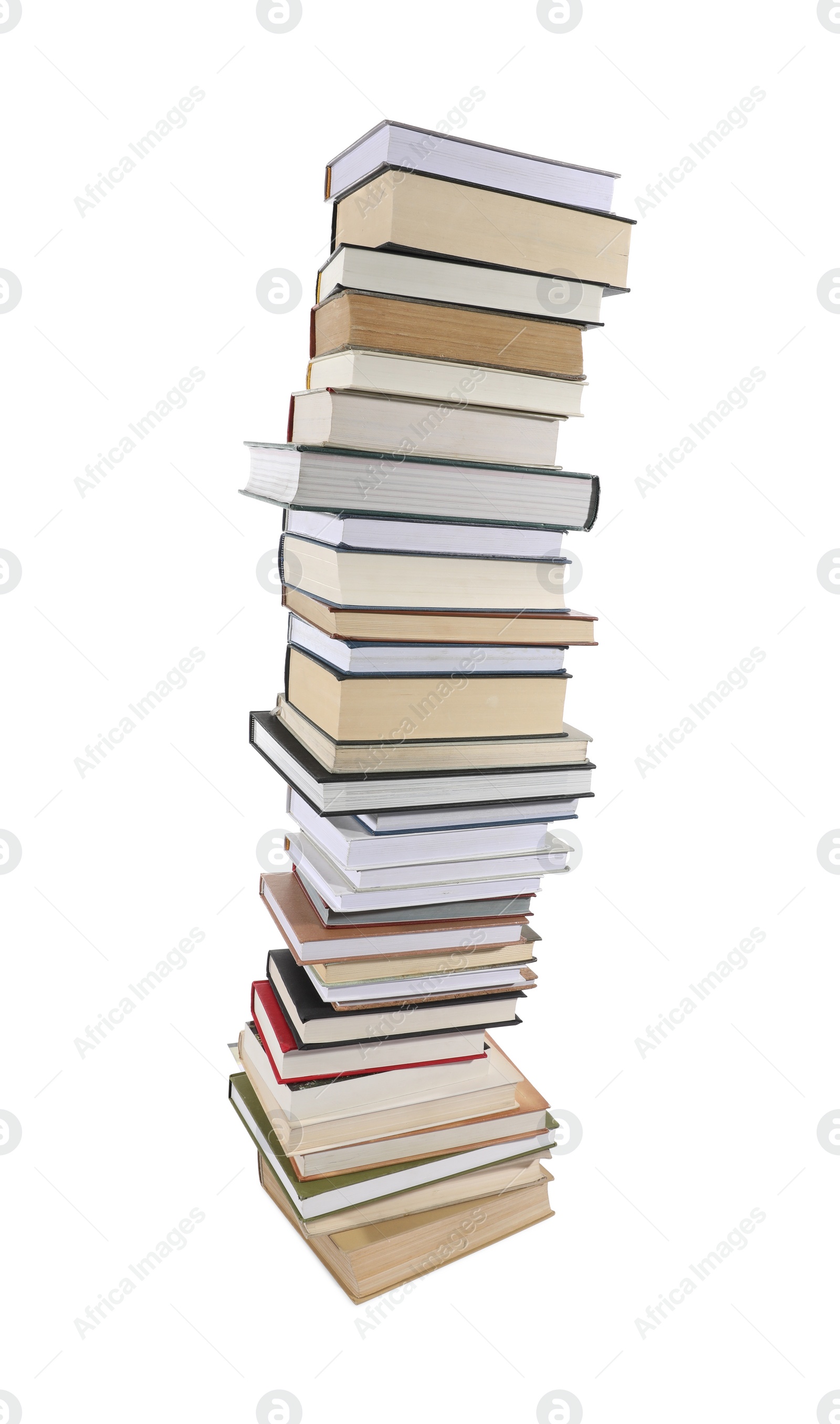 Photo of High stack of many different books isolated on white